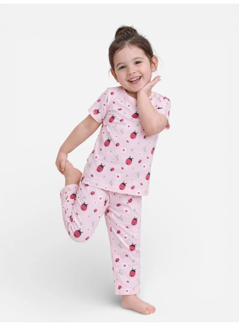 victor and jane Girls Ladybug Print Cotton Pajama Set – T-Shirt & Full Pants Nightwear